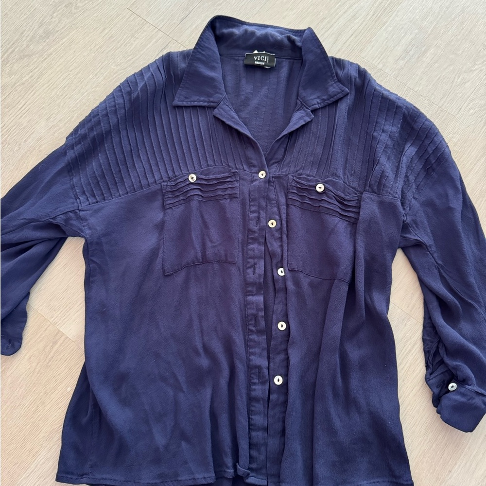 Vici Deep Blue Pleated Button-Up Shirt